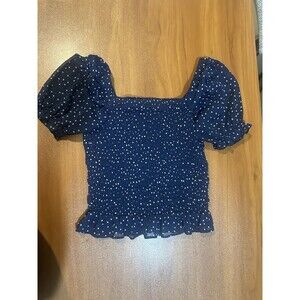 BCX Navy Blue Polka Dot Smocked Crop Top Puff Sleeve Size M